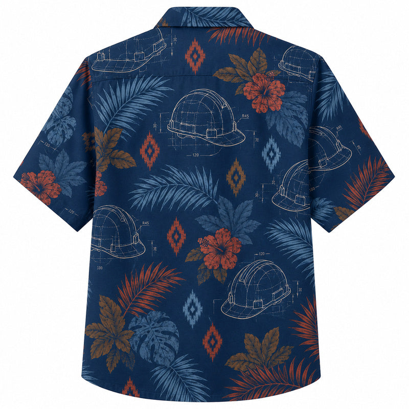 Labor Day Hawaiian Shirt- Hard Hat Blueprint and Palm Print on Navy