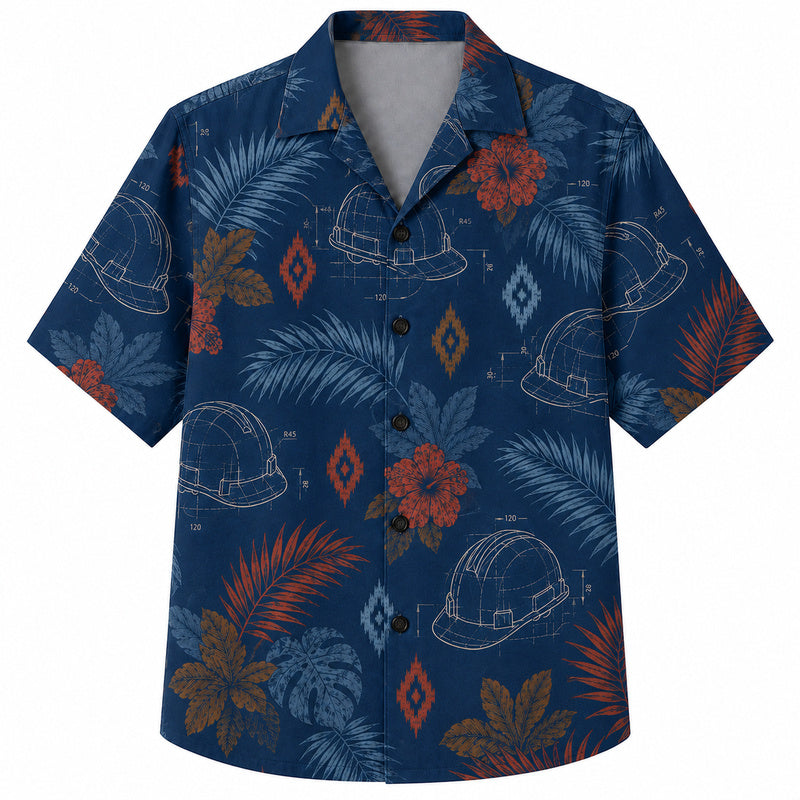 Labor Day Hawaiian Shirt- Hard Hat Blueprint and Palm Print on Navy