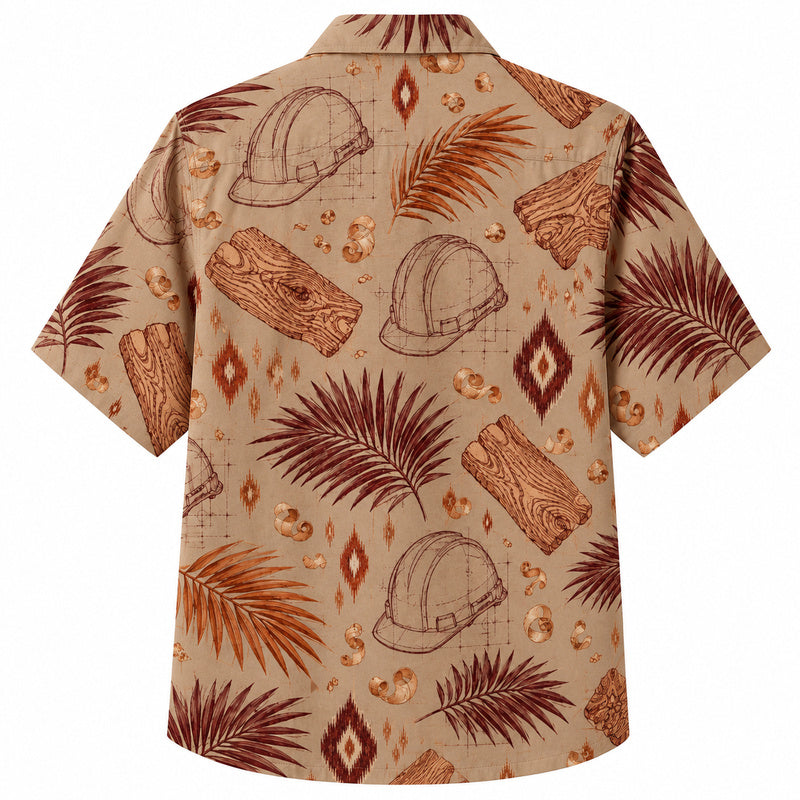 Labor Day Hawaiian Shirt- Hard Hat Blueprint and Timber Log Print