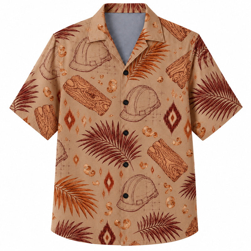 Labor Day Hawaiian Shirt- Hard Hat Blueprint and Timber Log Print