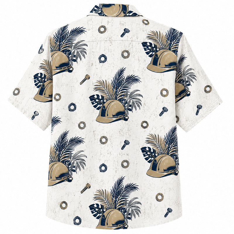 Labor Day Hawaiian Shirt- Hard Hat Bolt Frond Print for the Holiday