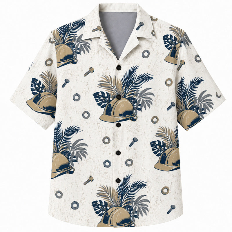Labor Day Hawaiian Shirt- Hard Hat Bolt Frond Print for the Holiday