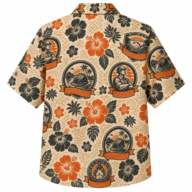 Labor Day Hawaiian Shirt - Hard Hat Crest Hibiscus Print for Weekend Wear
