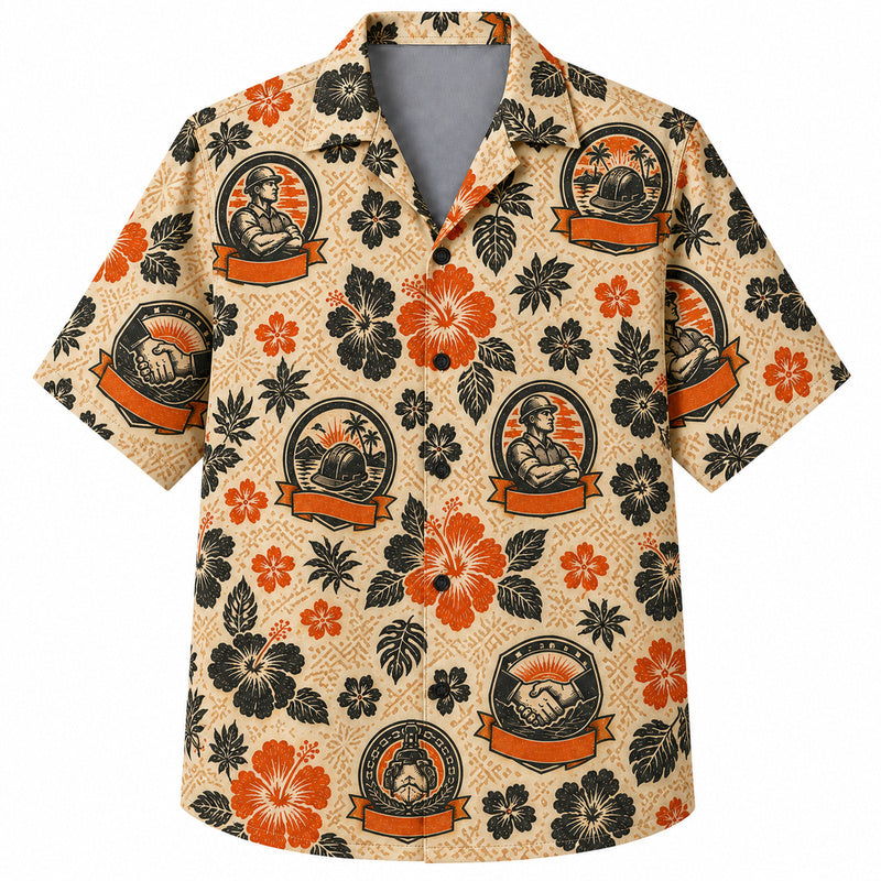 Labor Day Hawaiian Shirt - Hard Hat Crest Hibiscus Print for Weekend Wear