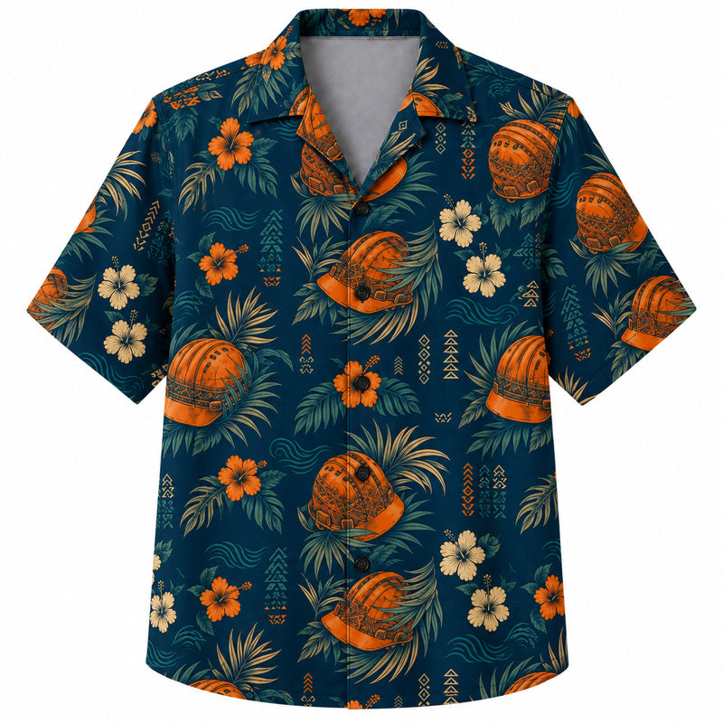 Labor Day Hawaiian Shirt - Hard Hat Hibiscus Palm Print for Weekend Wear