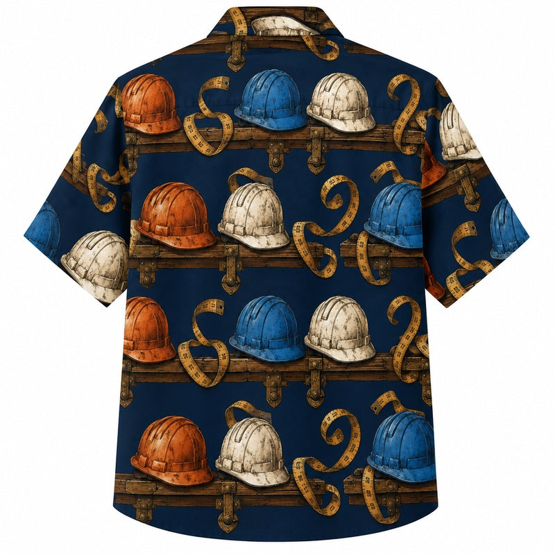 Labor Day Hawaiian Shirt Hard Hat Horseshoe Navy Print for the Holiday