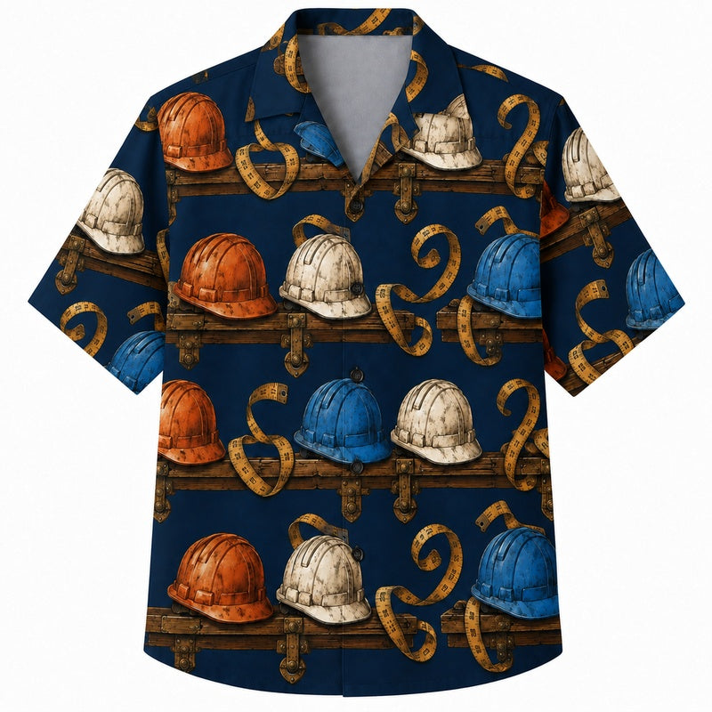 Labor Day Hawaiian Shirt Hard Hat Horseshoe Navy Print for the Holiday
