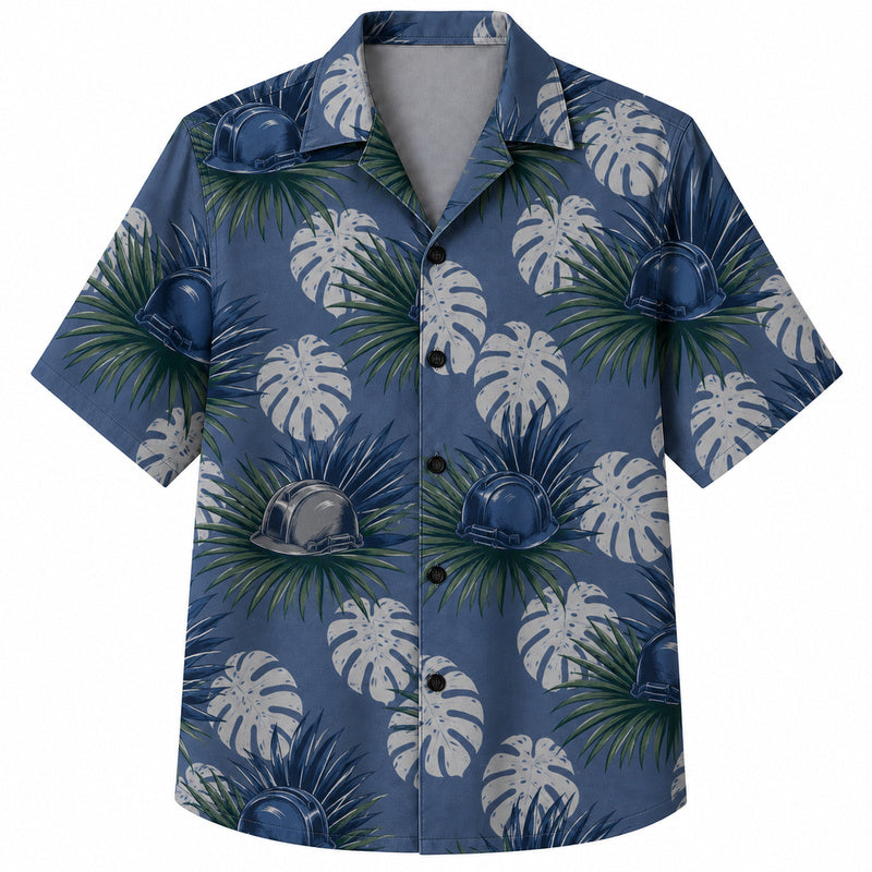 Labor Day Hawaiian Shirt- Hard Hat Monstera Leaf Print for Workers