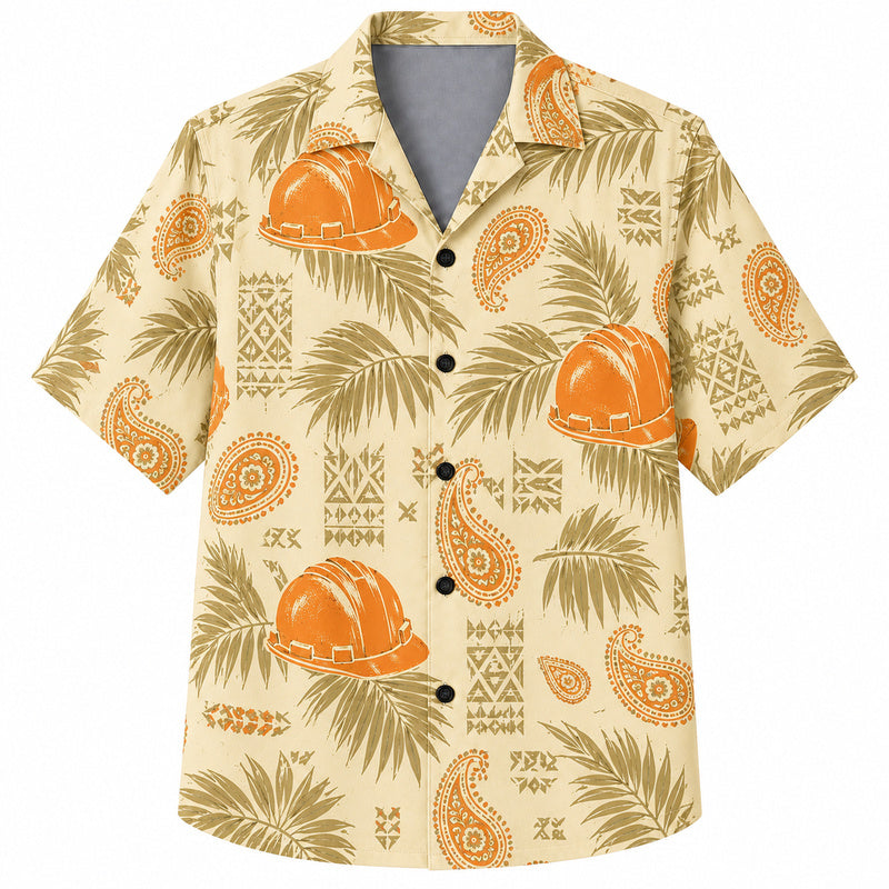 Labor Day Hawaiian Shirt - Hard Hat Paisley Palm Frond Print for Tradesmen