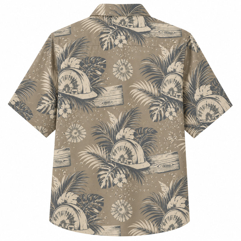 Labor Day Hawaiian Shirt- Hard Hat Palm Frond and Plank Print
