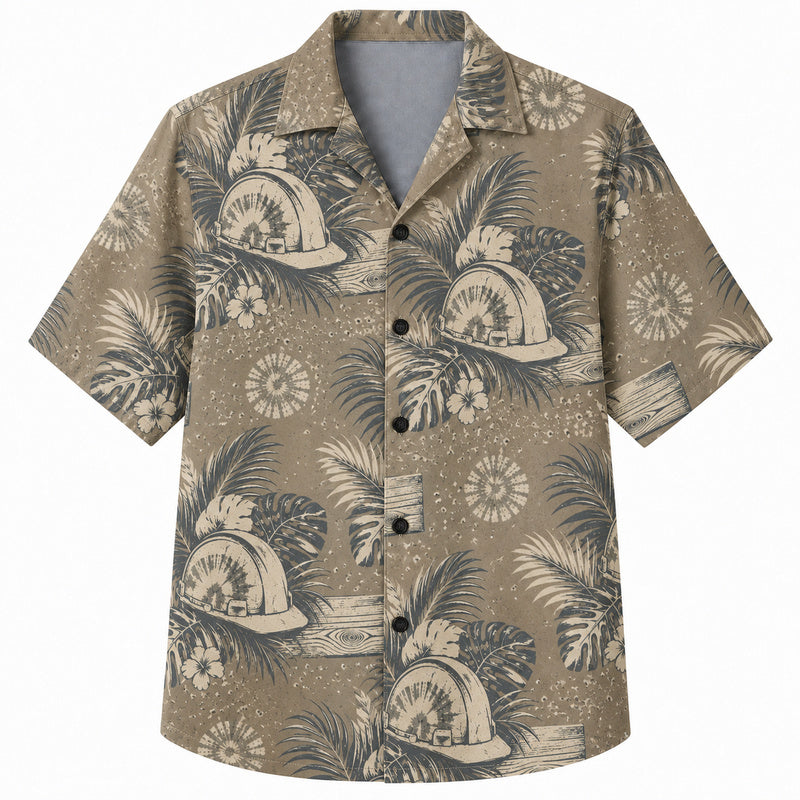 Labor Day Hawaiian Shirt- Hard Hat Palm Frond and Plank Print