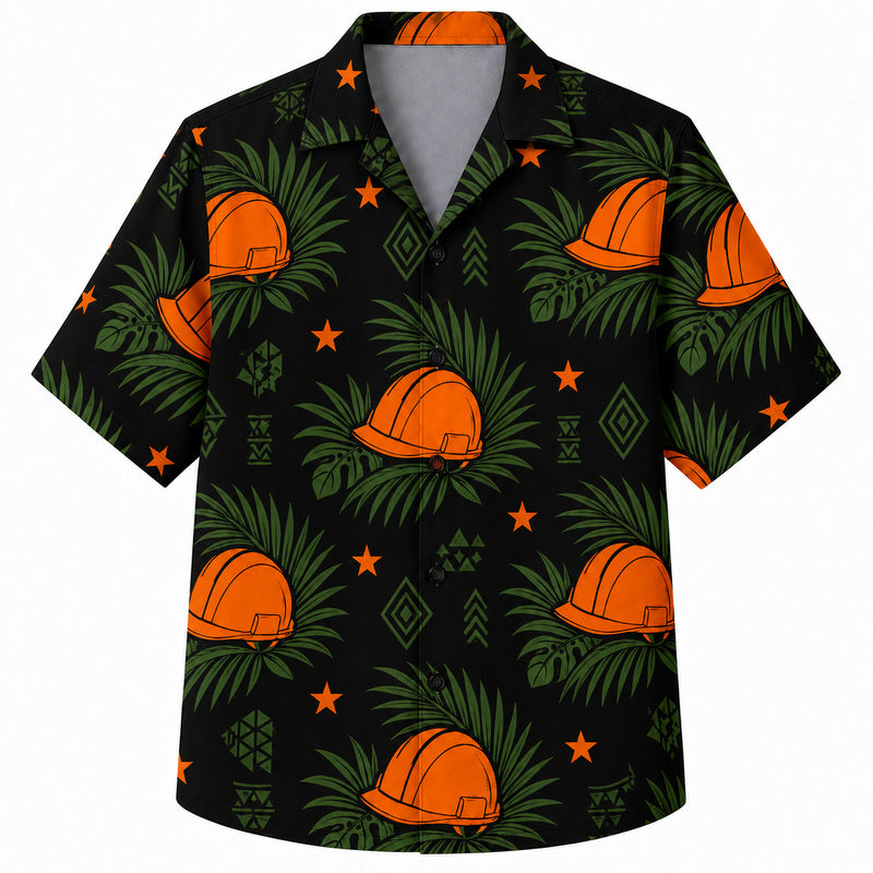 Labor Day Hawaiian Shirt - Hard Hat Palm and Star Print for Weekend Wear