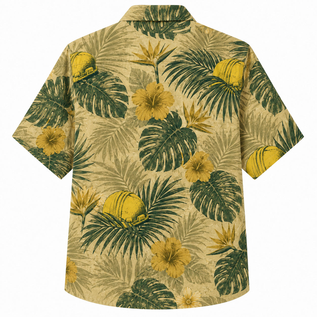 Labor Day Hawaiian Shirt- Hard Hat and Monstera Jungle Print in Sand