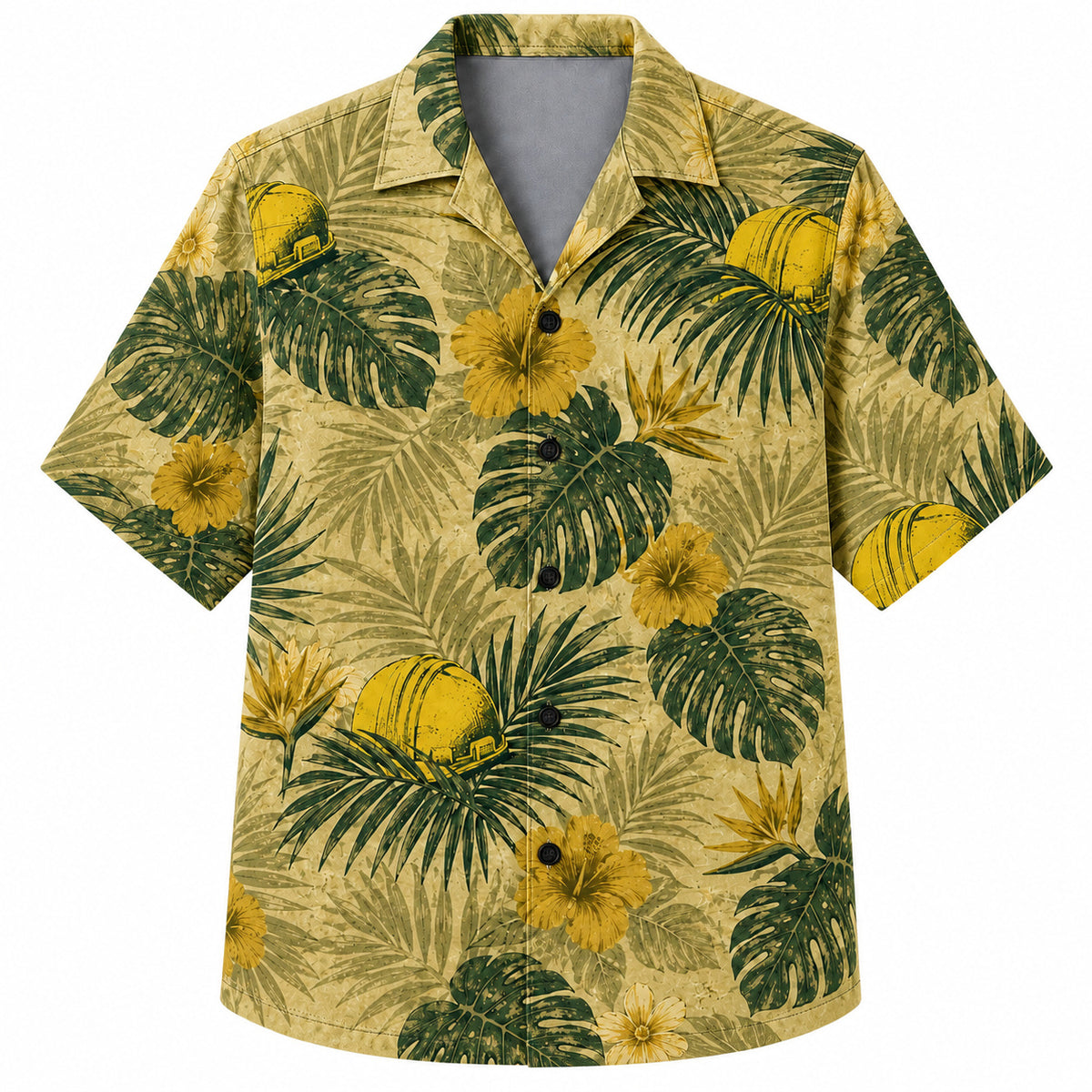 Labor Day Hawaiian Shirt- Hard Hat and Monstera Jungle Print in Sand
