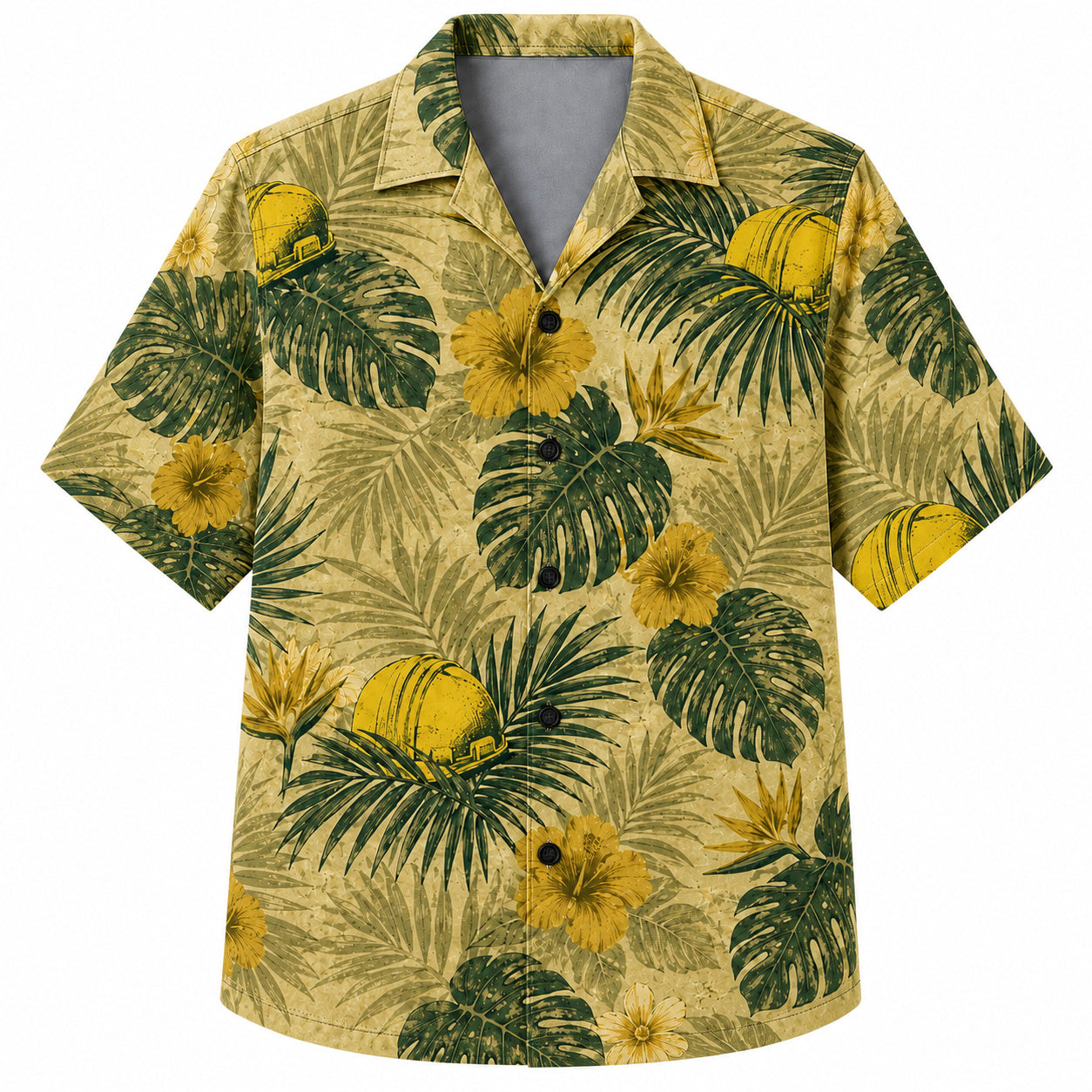Labor Day Hawaiian Shirt- Hard Hat and Monstera Jungle Print in Sand