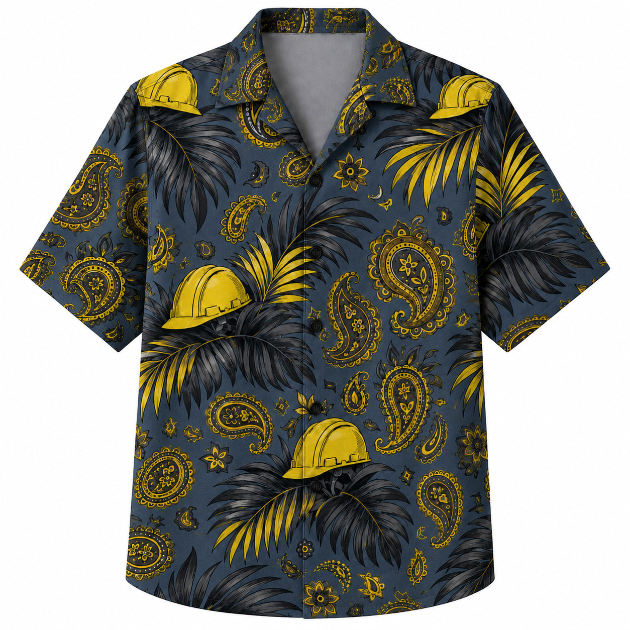 Labor Day Hawaiian Shirt- Hard Hat and Paisley Palm Frond in Slate Blue