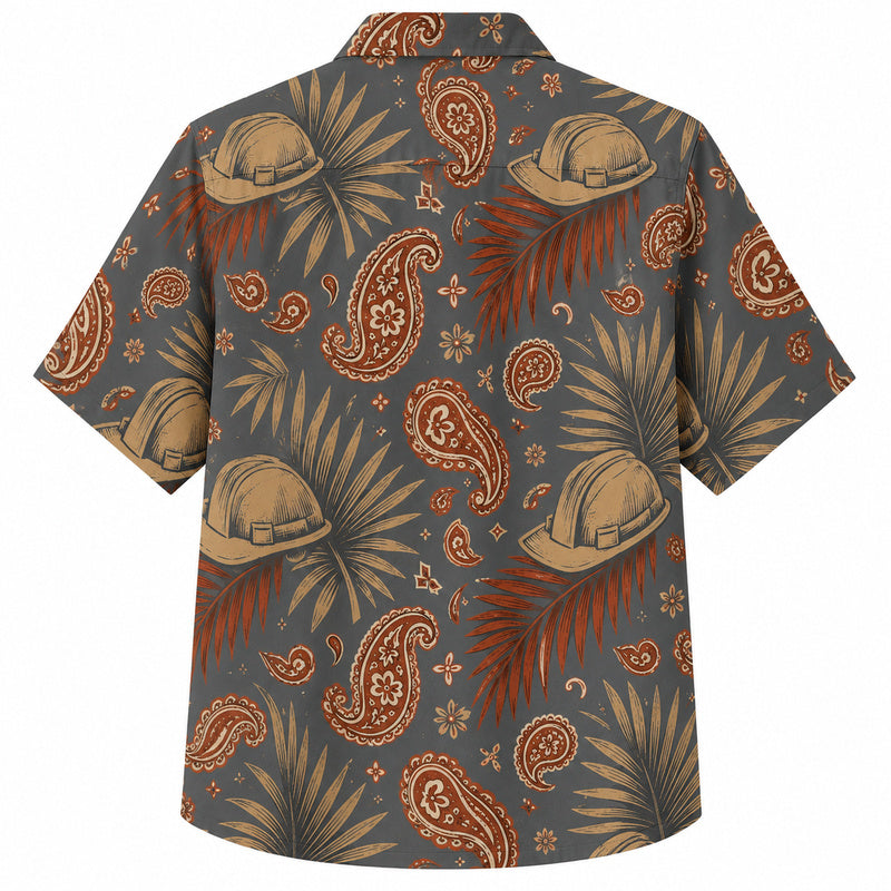 Labor Day Hawaiian Shirt- Hard Hat and Paisley Palm Print for Summer