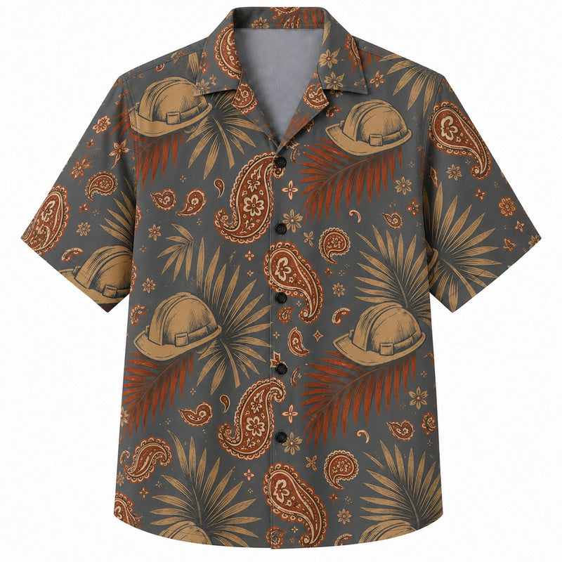 Labor Day Hawaiian Shirt- Hard Hat and Paisley Palm Print for Summer
