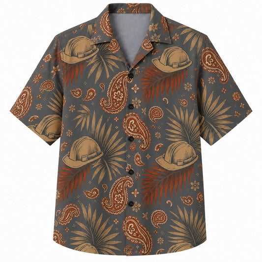 Labor Day Hawaiian Shirt- Hard Hat and Paisley Palm Print for Summer