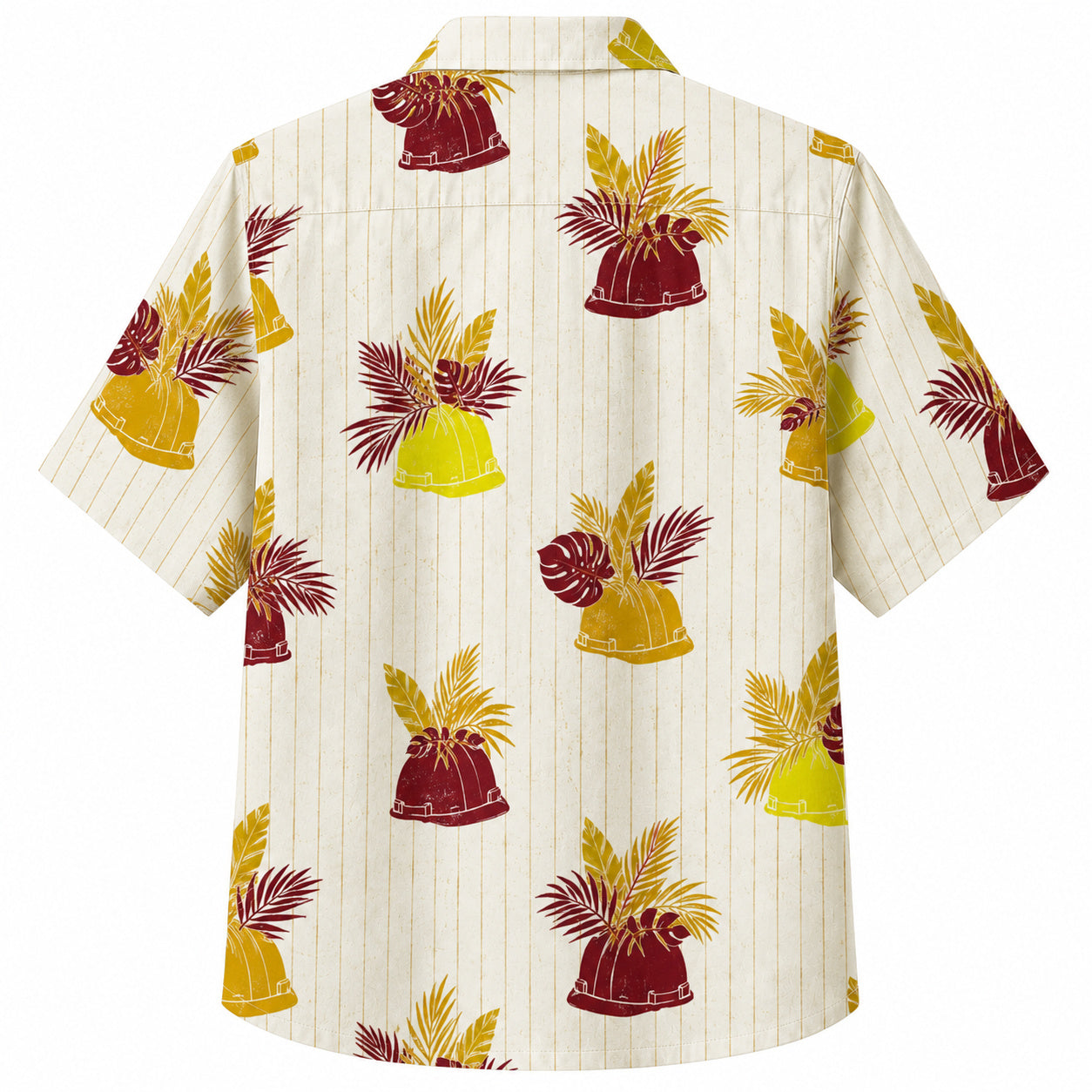 Labor Day Hawaiian Shirt- Hard Hat and Palm Frond Pinstripe in Cream