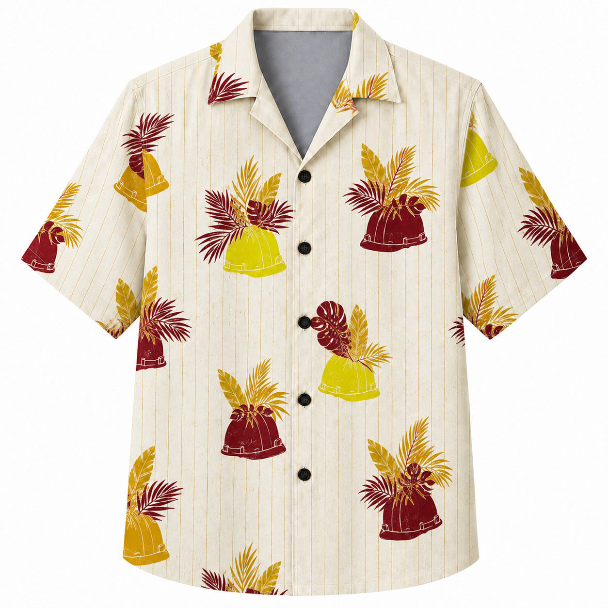 Labor Day Hawaiian Shirt- Hard Hat and Palm Frond Pinstripe in Cream