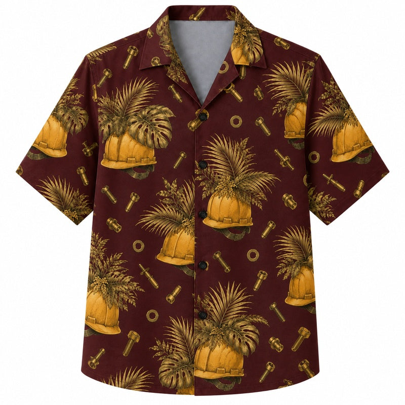 Labor Day Hawaiian Shirt- Hard Hat and Palm Frond Print for Summer