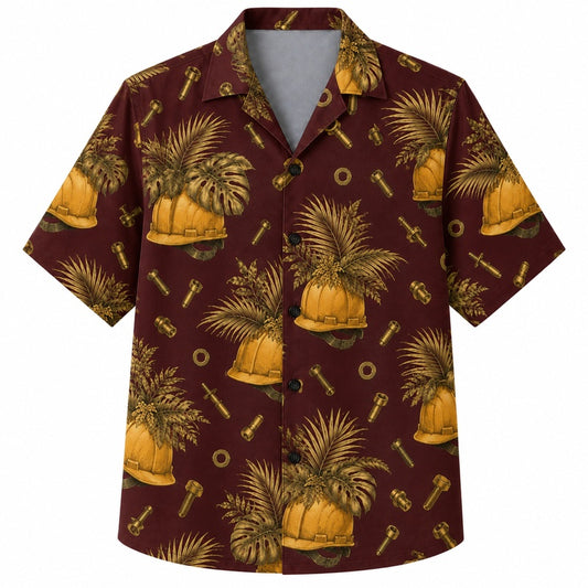 Labor Day Hawaiian Shirt- Hard Hat and Palm Frond Print for Summer