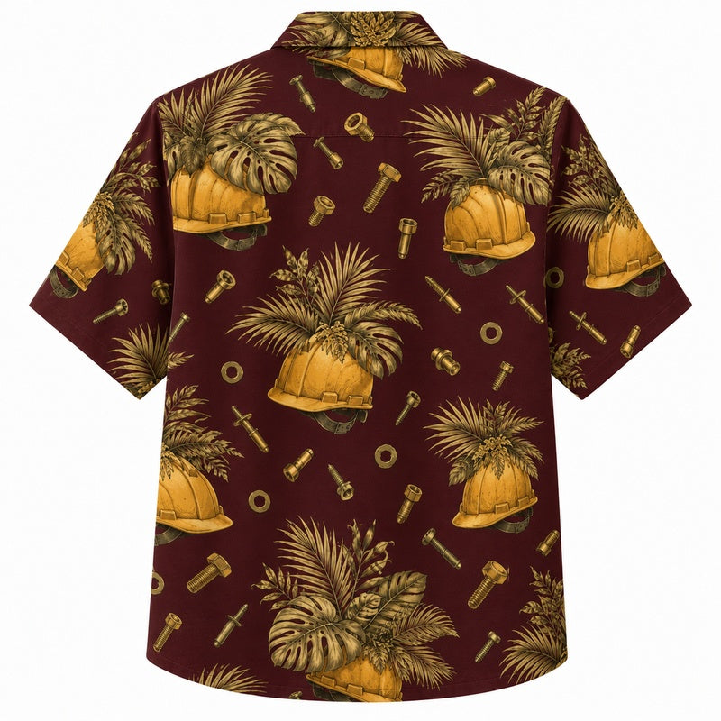 Labor Day Hawaiian Shirt- Hard Hat and Palm Frond Print for Summer