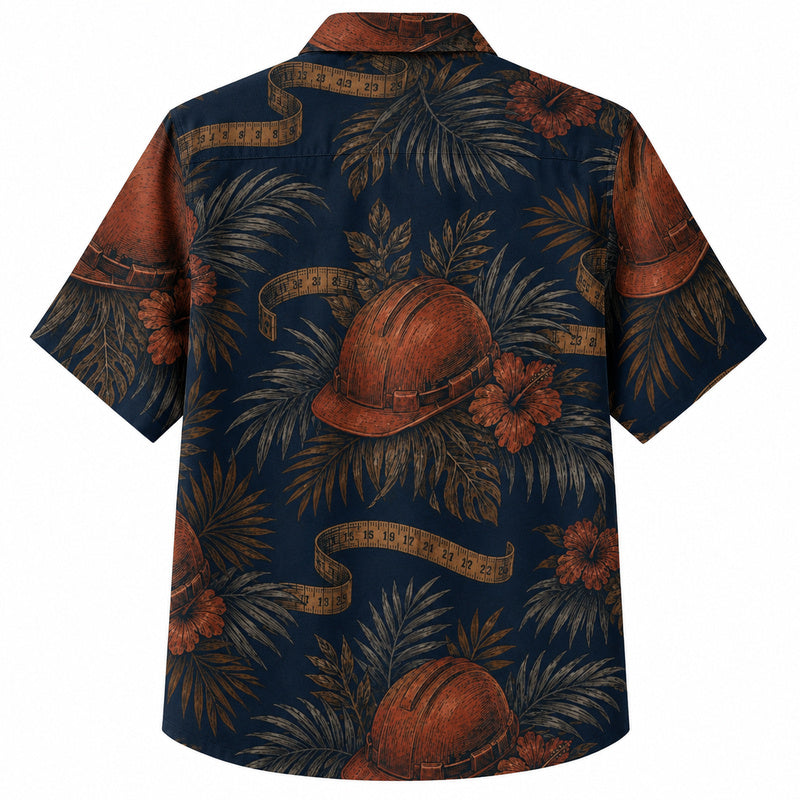 Labor Day Hawaiian Shirt- Hard Hat and Palm Frond Print on Deep Navy