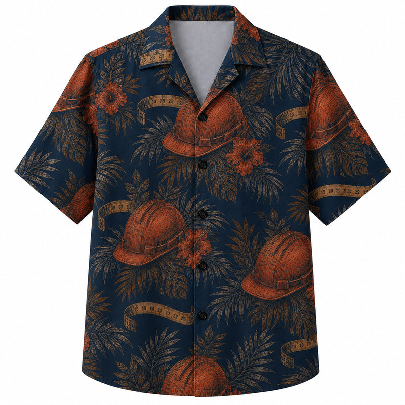 Labor Day Hawaiian Shirt- Hard Hat and Palm Frond Print on Deep Navy