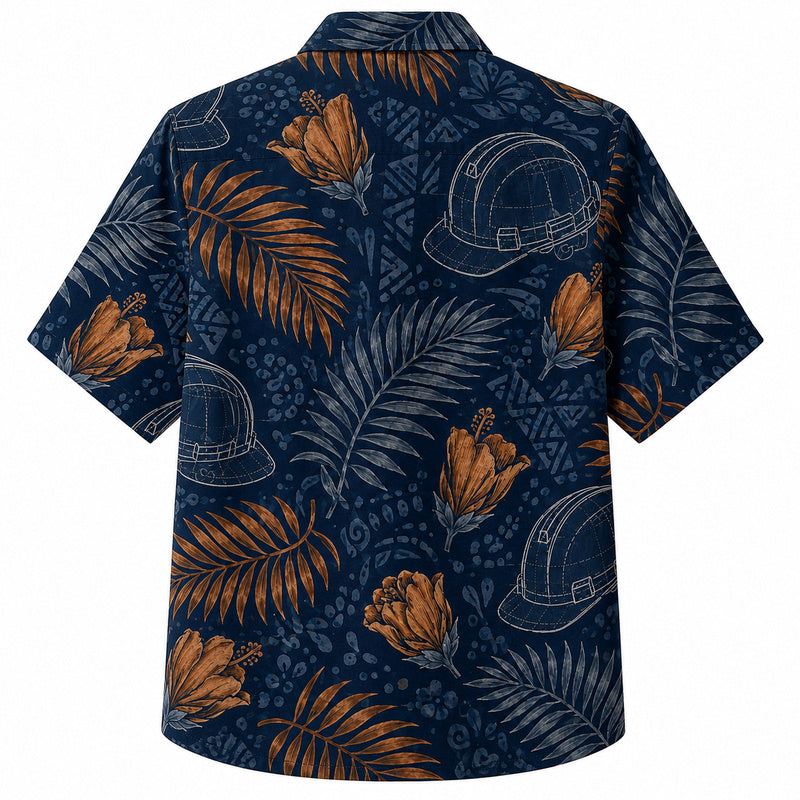 Labor Day Hawaiian Shirt- Hard Hat and Rust Frond Tapa Print