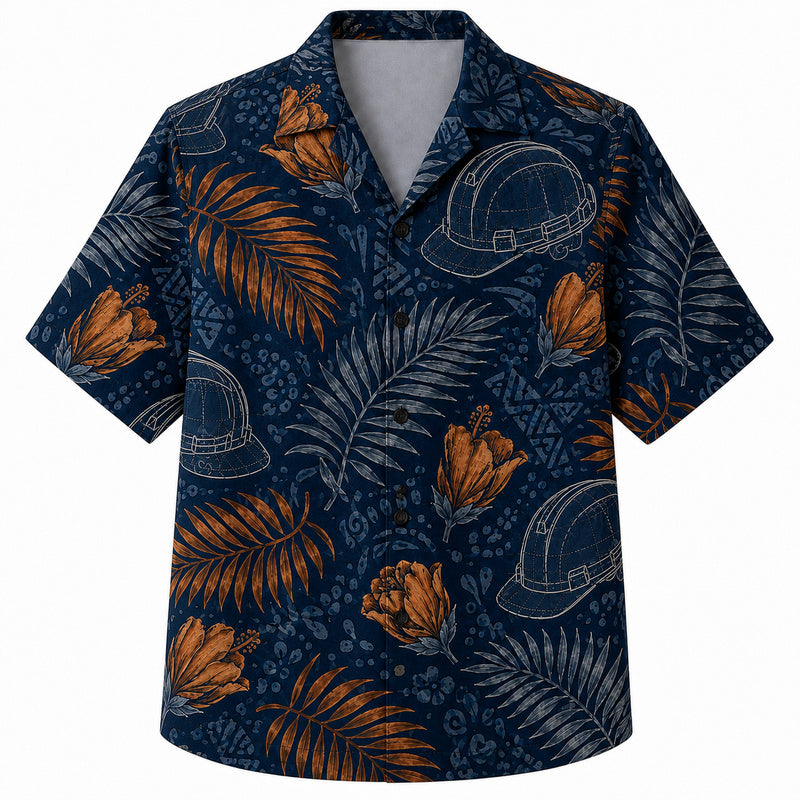Labor Day Hawaiian Shirt- Hard Hat and Rust Frond Tapa Print