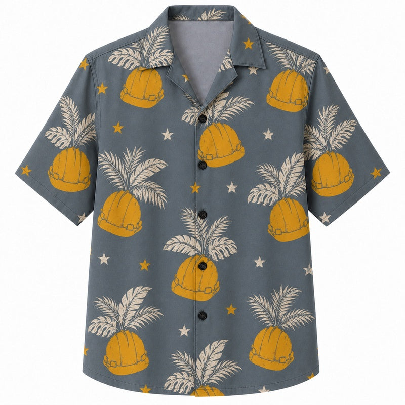 Labor Day Hawaiian Shirt- Hard Hat and Star Palm Print for Summer