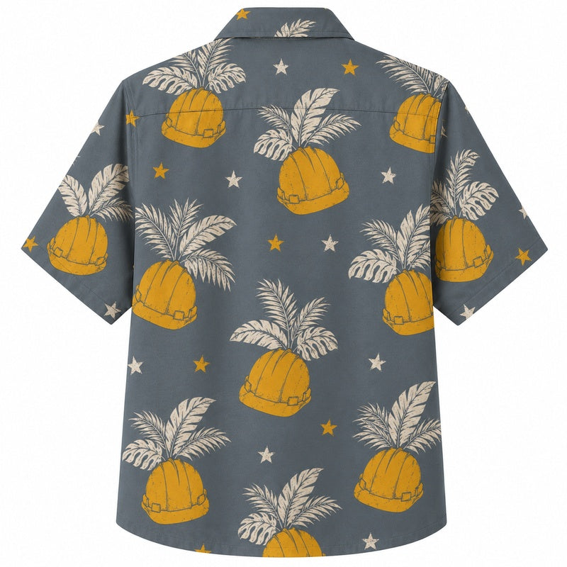Labor Day Hawaiian Shirt- Hard Hat and Star Palm Print for Summer