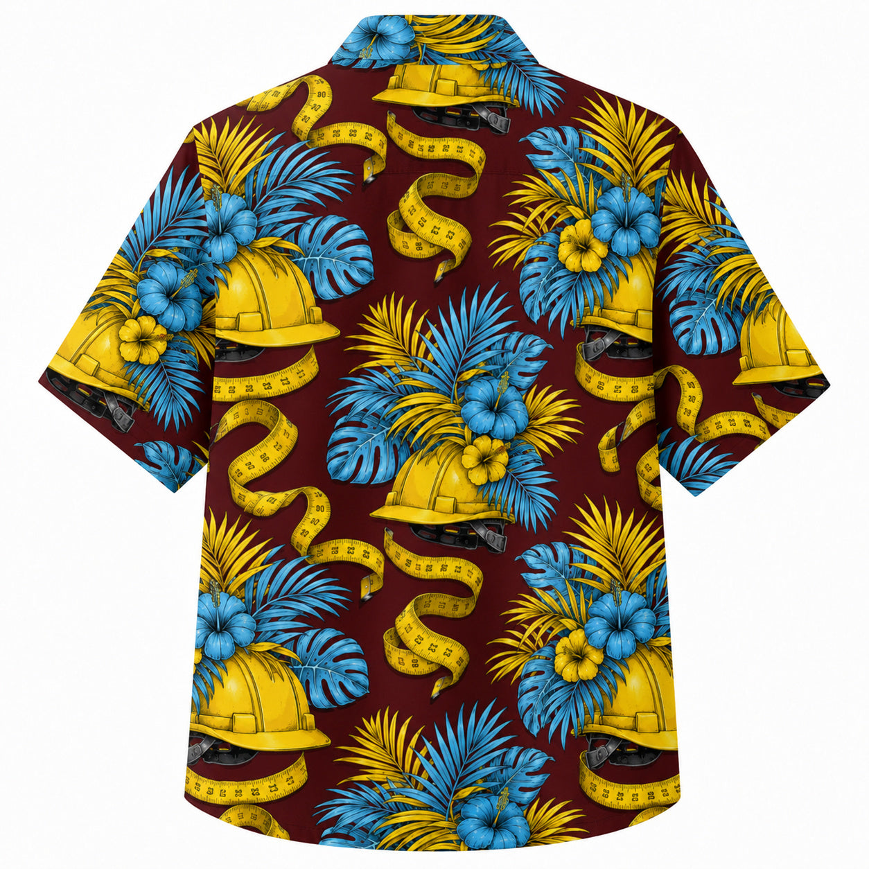 Labor Day Hawaiian Shirt- Hard Hat and Tape Ribbon Tropical in Maroon
