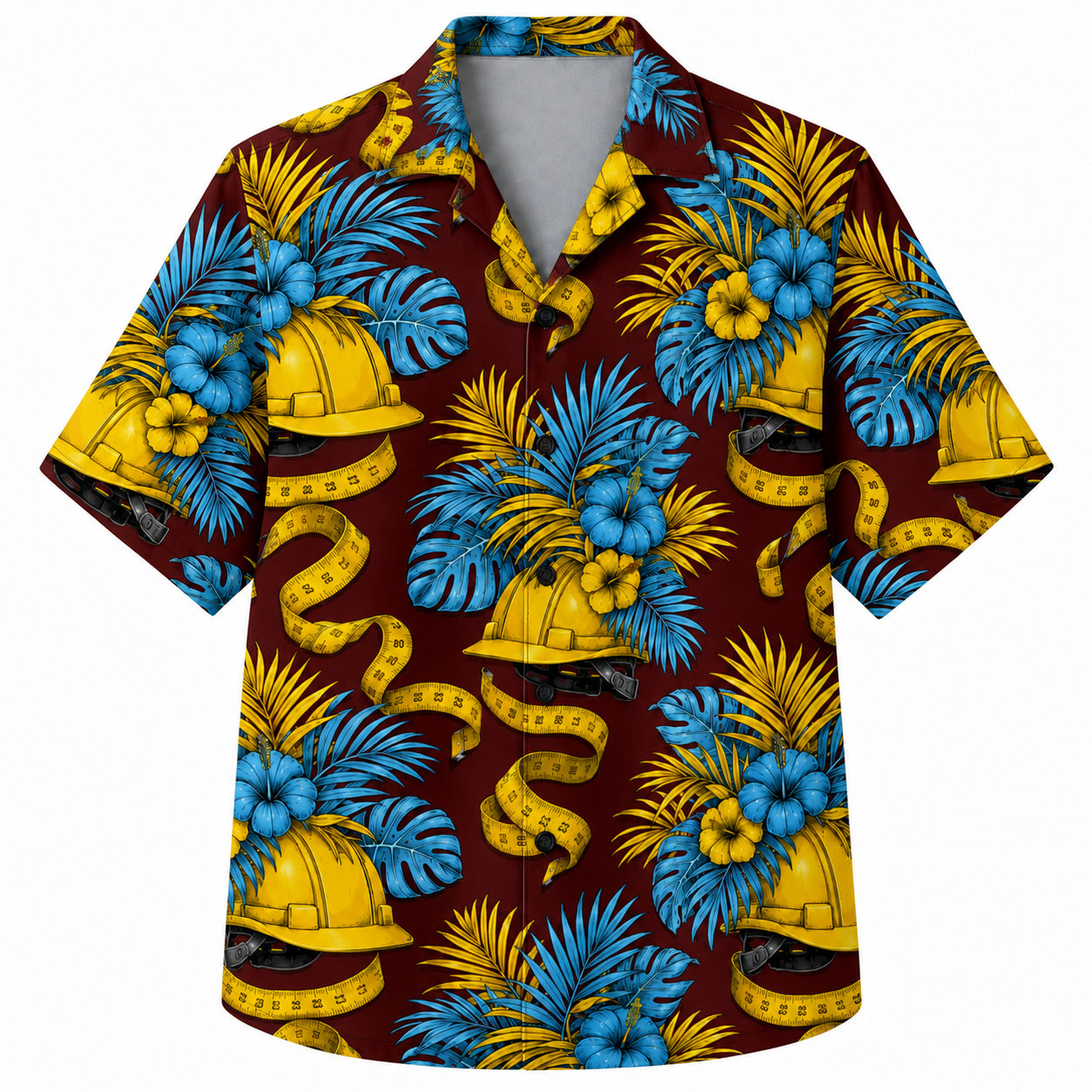 Labor Day Hawaiian Shirt- Hard Hat and Tape Ribbon Tropical in Maroon