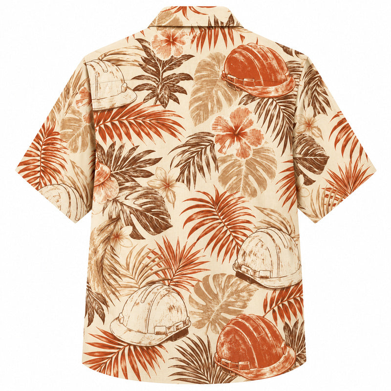 Labor Day Hawaiian Shirt- Hard Hat and Tropical Leaf Print for Summer