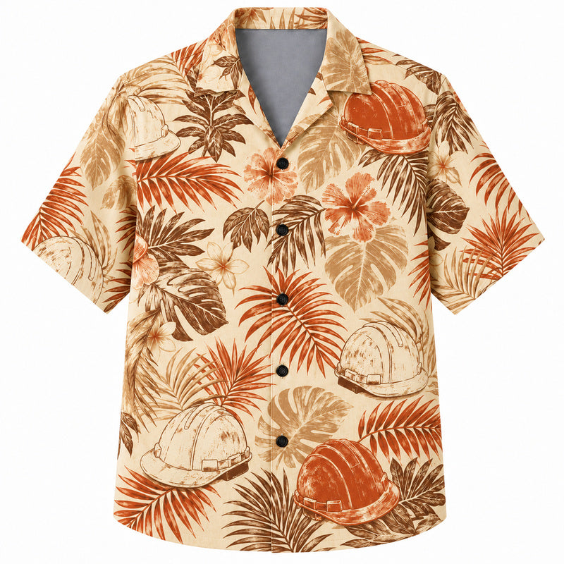 Labor Day Hawaiian Shirt- Hard Hat and Tropical Leaf Print for Summer