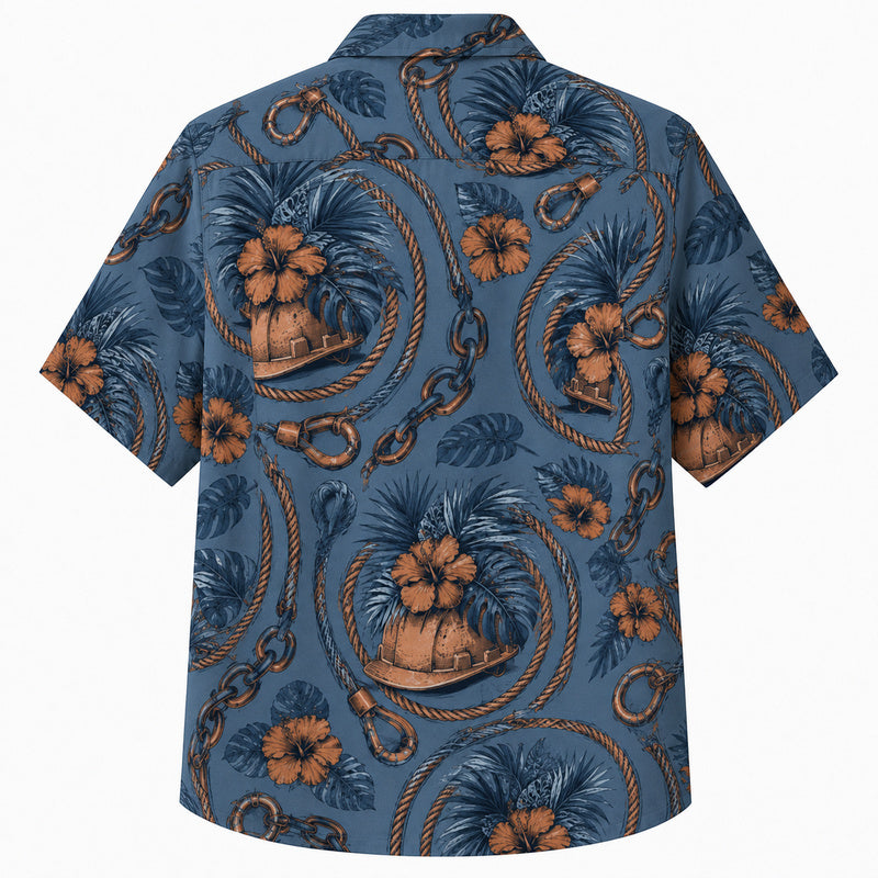 Labor Day Hawaiian Shirt- Helmet Rope and Hibiscus Print in Blue