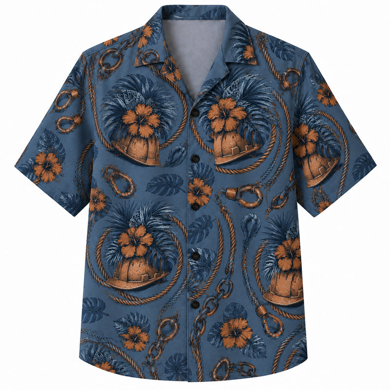 Labor Day Hawaiian Shirt- Helmet Rope and Hibiscus Print in Blue