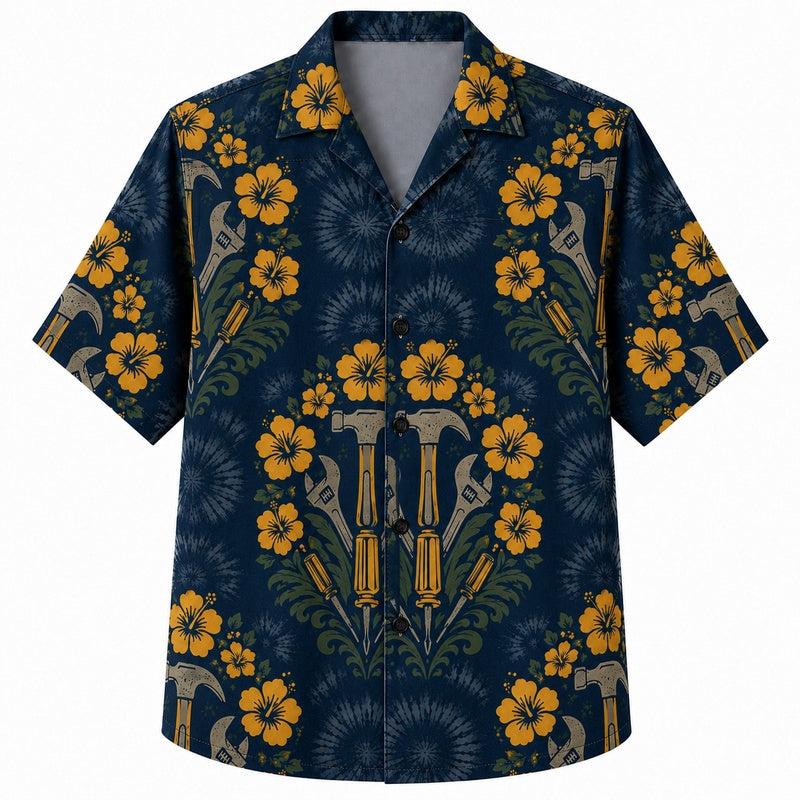 Labor Day Hawaiian Shirt- Hibiscus and Hammer Damask Print for Summer