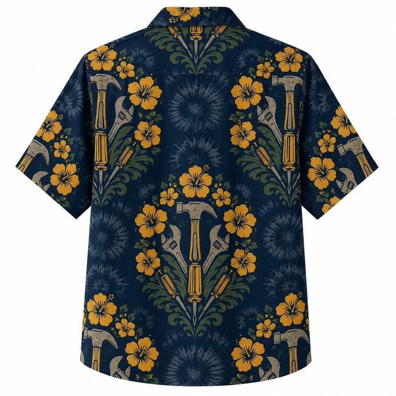 Labor Day Hawaiian Shirt- Hibiscus and Hammer Damask Print for Summer
