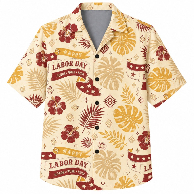 Labor Day Hawaiian Shirt- Holiday Ribbon Hibiscus Print for the Weekend
