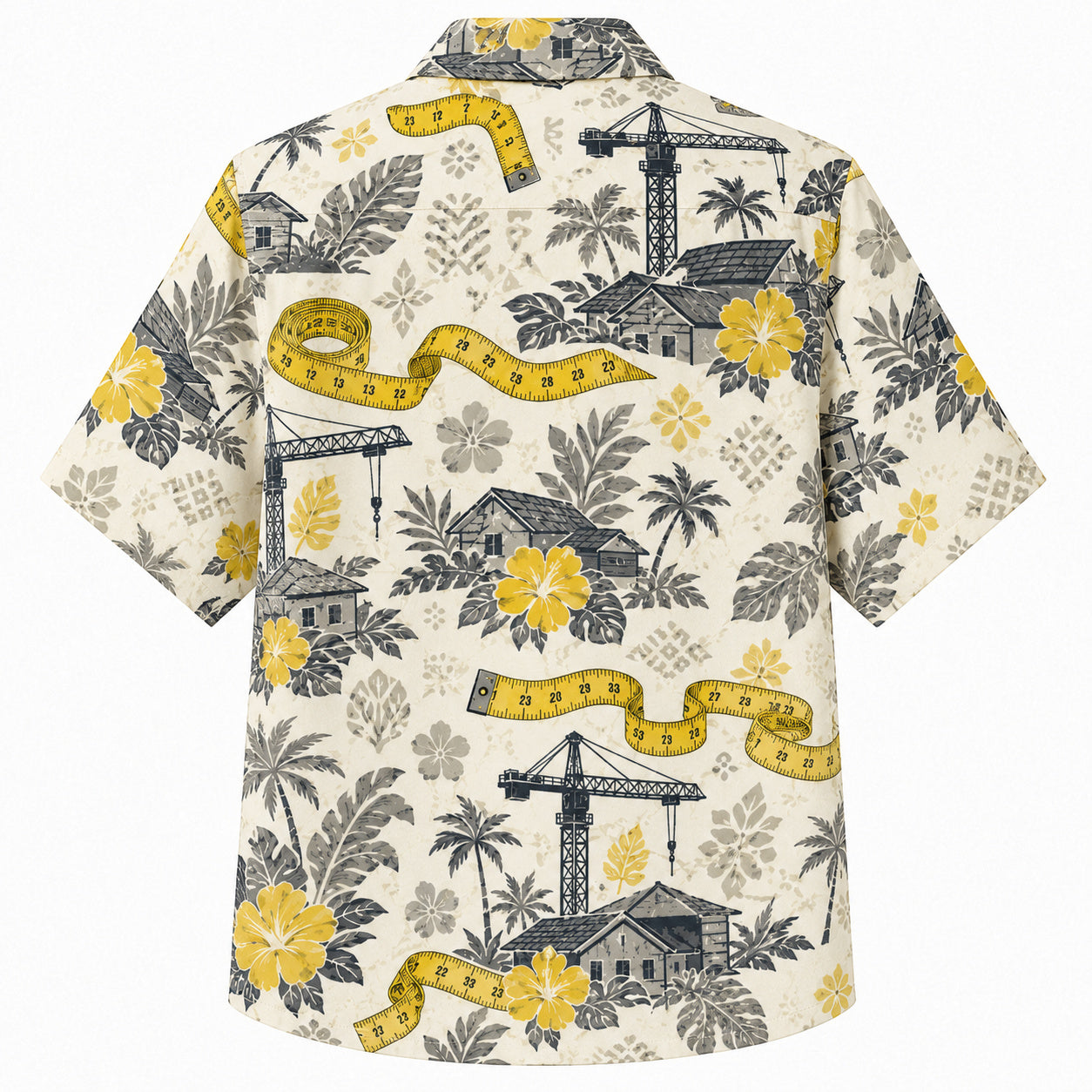 Labor Day Hawaiian Shirt- Homebuilder Crane and Tape Ribbon in Cream