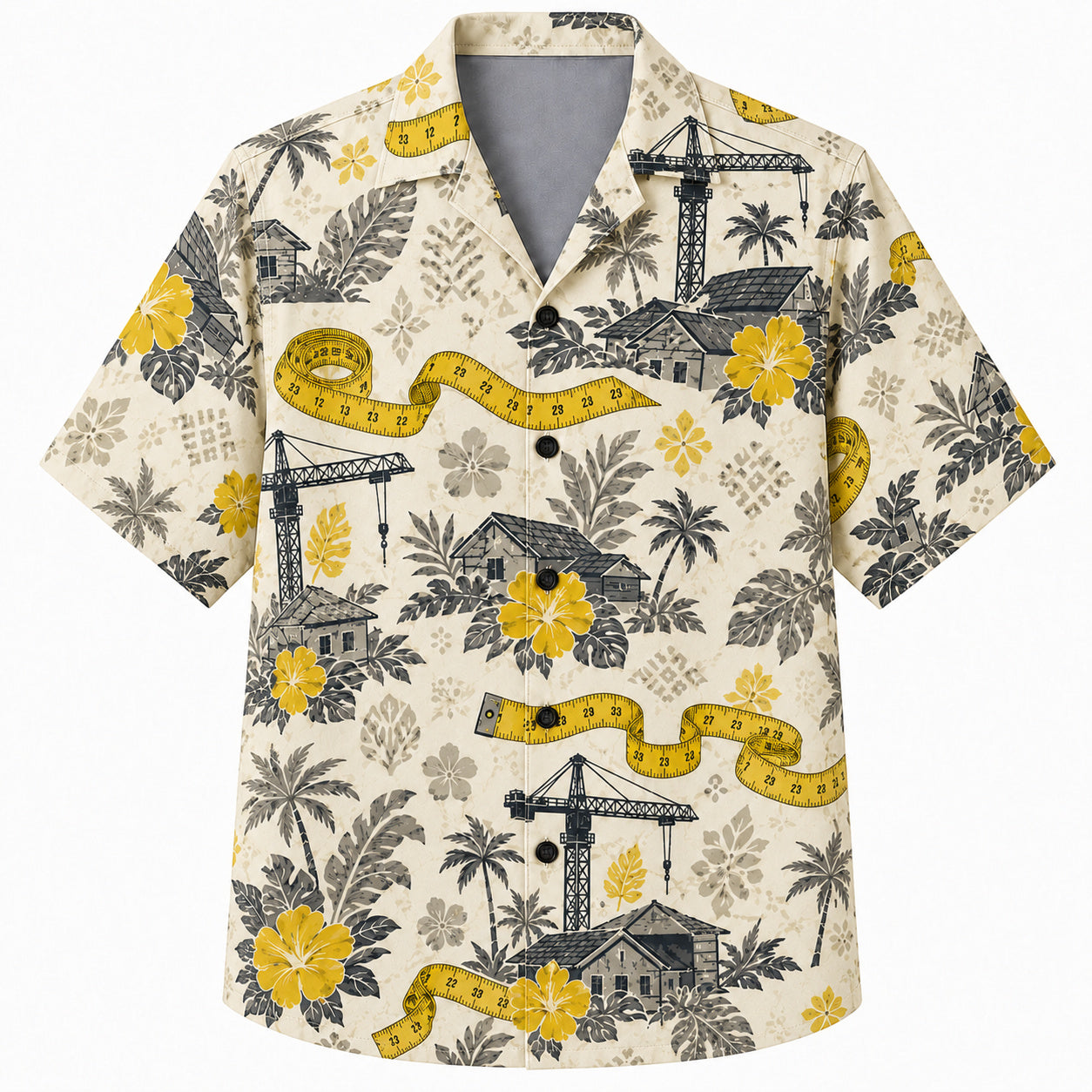 Labor Day Hawaiian Shirt- Homebuilder Crane and Tape Ribbon in Cream