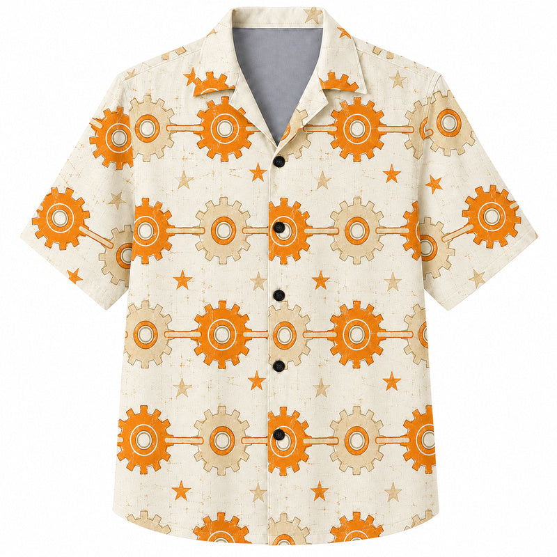 Labor Day Hawaiian Shirt - Interlocking Gear and Star Print for Workers