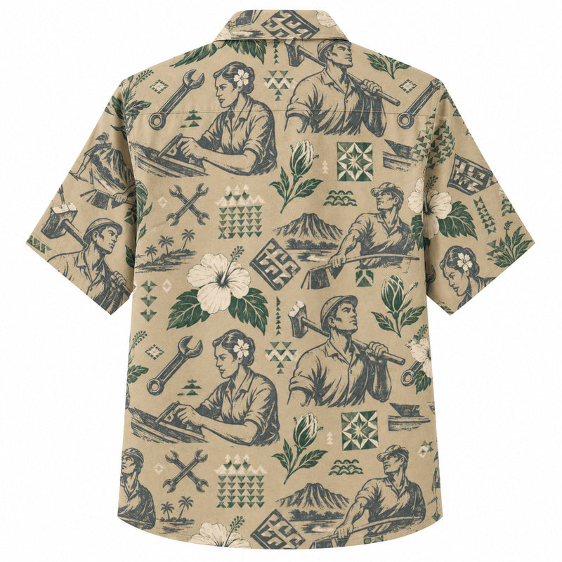 Labor Day Hawaiian Shirt- Island Worker Hammer and Hibiscus Print