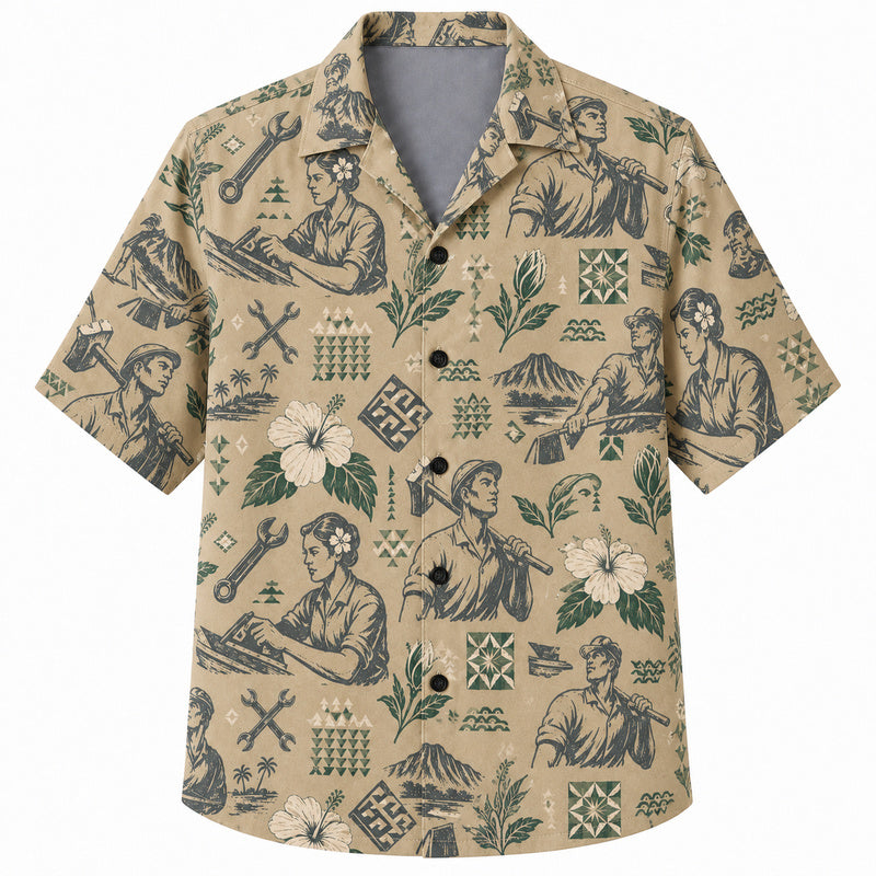 Labor Day Hawaiian Shirt- Island Worker Hammer and Hibiscus Print