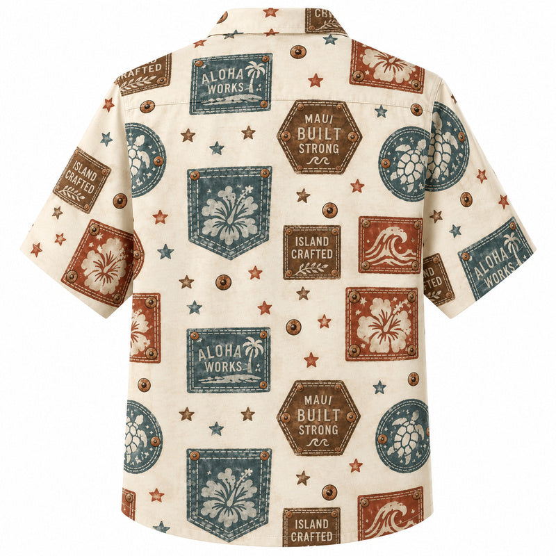 Labor Day Hawaiian Shirt- Island Works Patch and Pocket Print