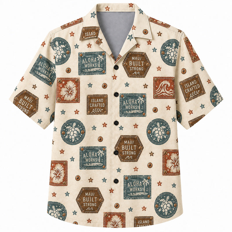 Labor Day Hawaiian Shirt- Island Works Patch and Pocket Print